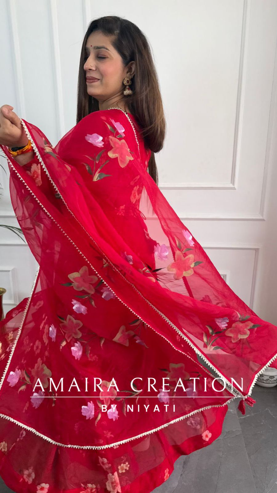 Vibrant Red Organza Anarkali Set