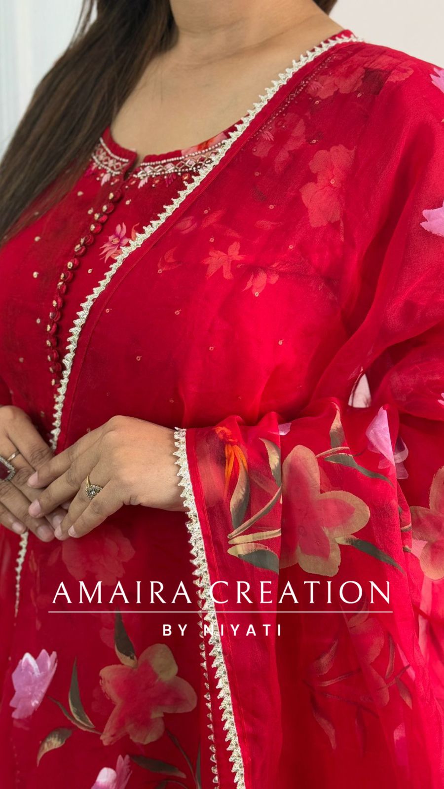 Vibrant Red Organza Anarkali Set