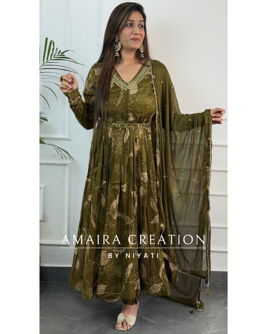 Dark Mehendi Green Full Flare Chinnon Anarkali Set