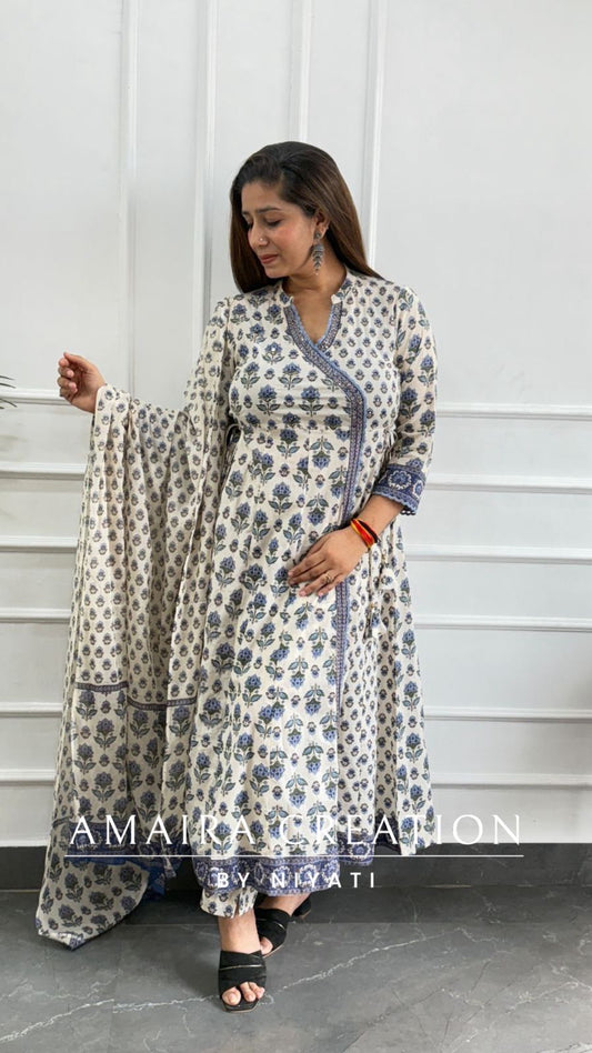 White SkyBlue Angrakha A-Line Pant set