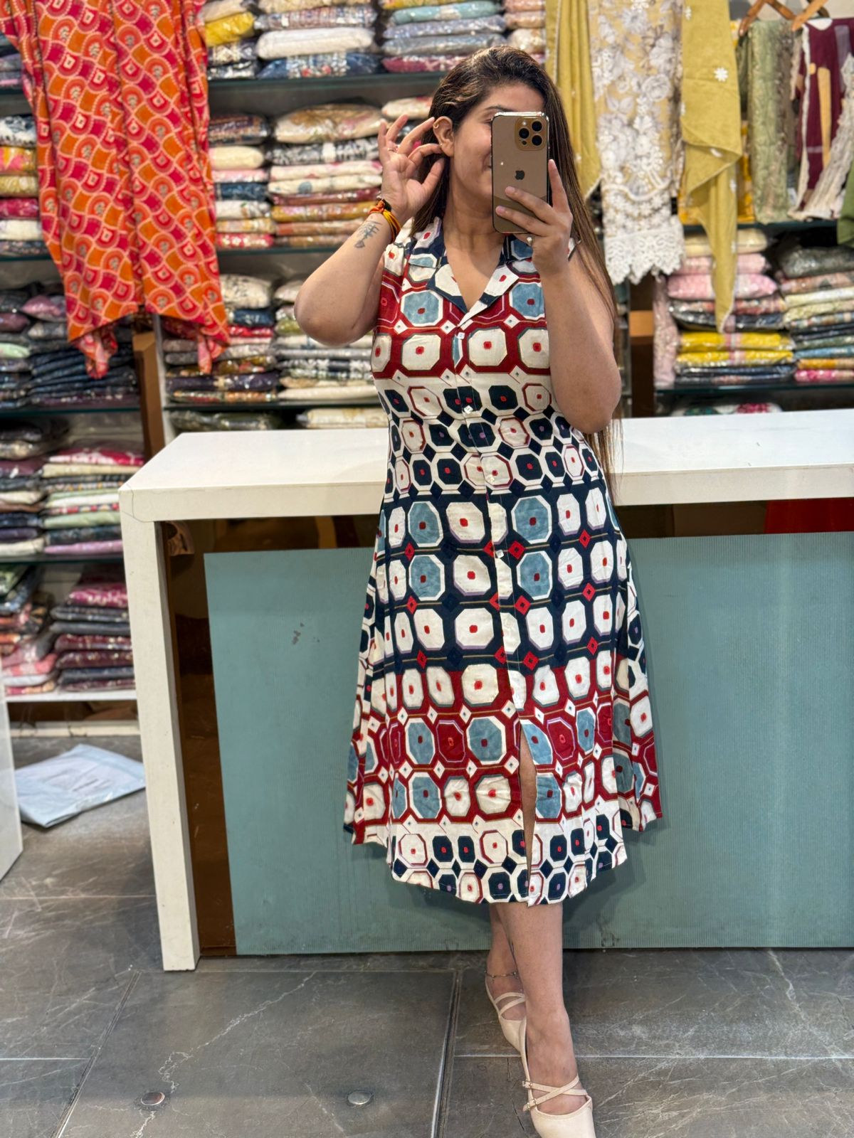 Premium Reyon Geometrical Print Dress(17inches Sleeves Availble)