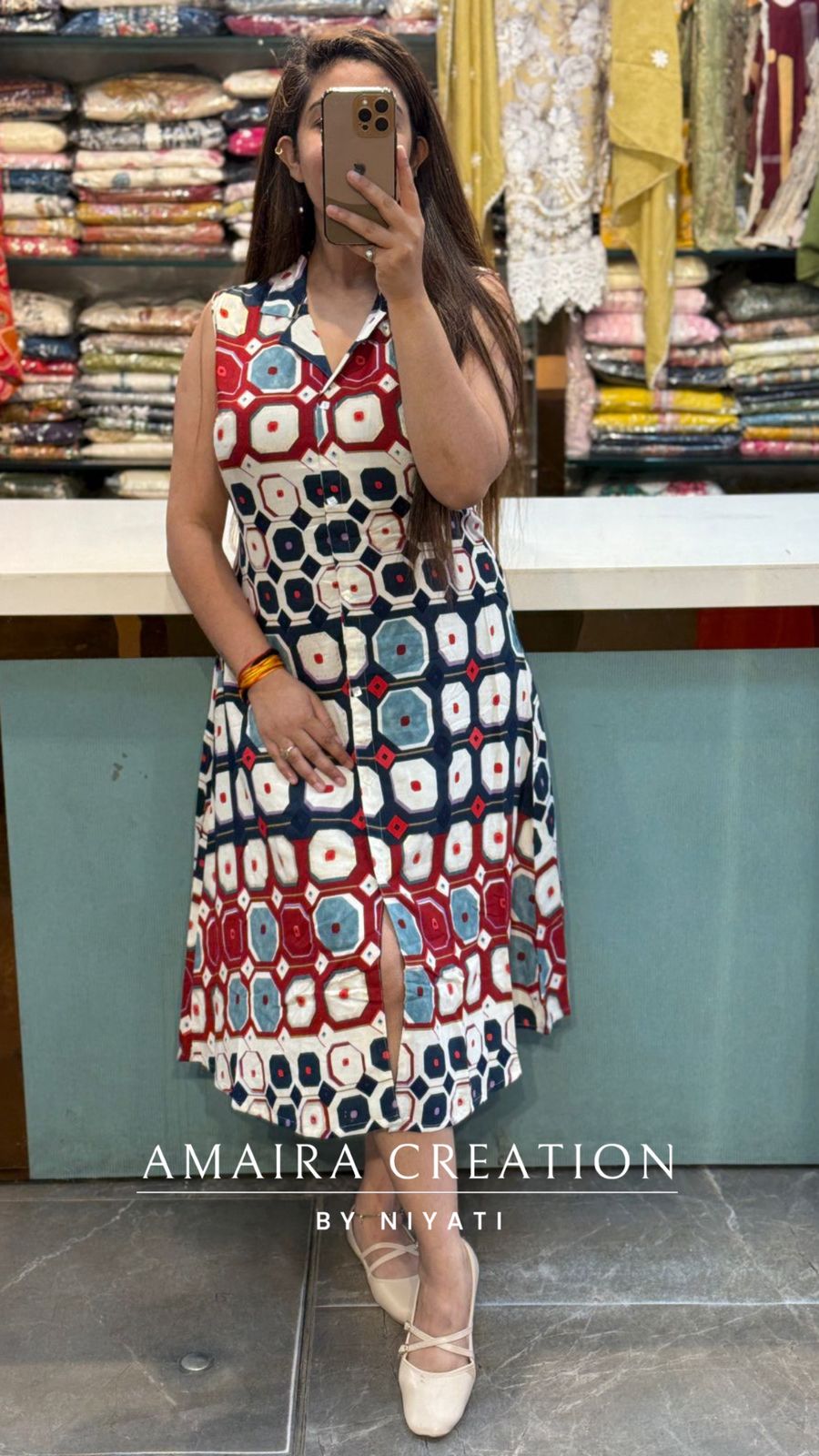 Premium Reyon Geometrical Print Dress(17inches Sleeves Availble)