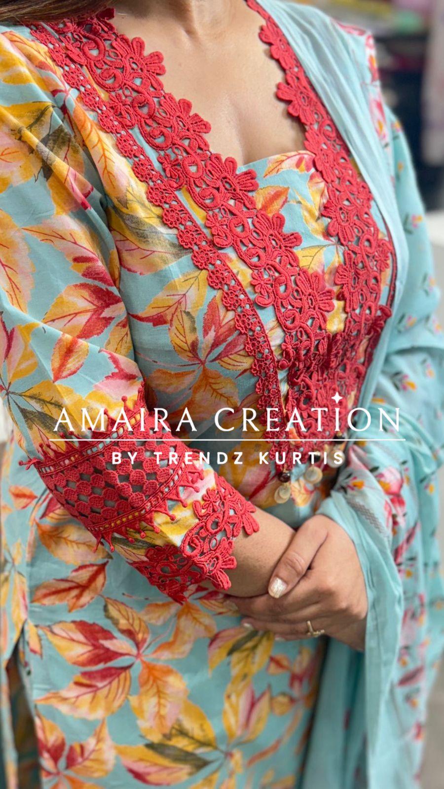 Floral Cotton Pakistani Suit With Beautiful Lace Detailing