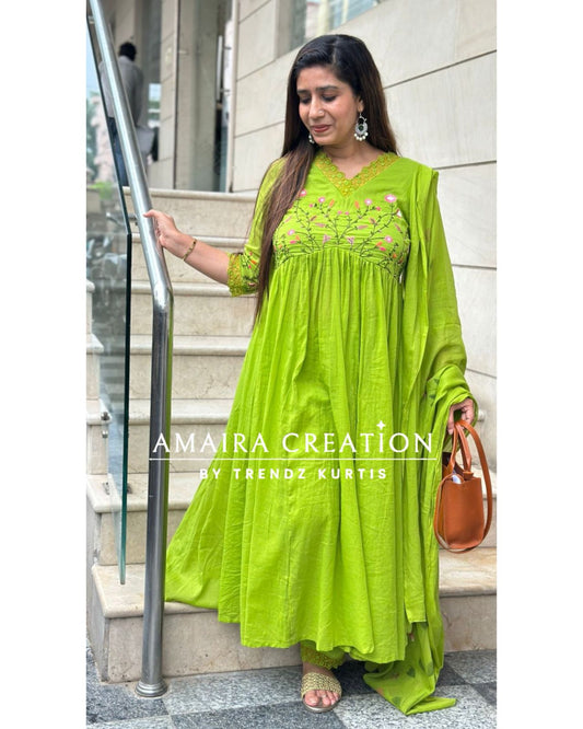 Parrot Green Alia Cut Beautiful Embroidery Set