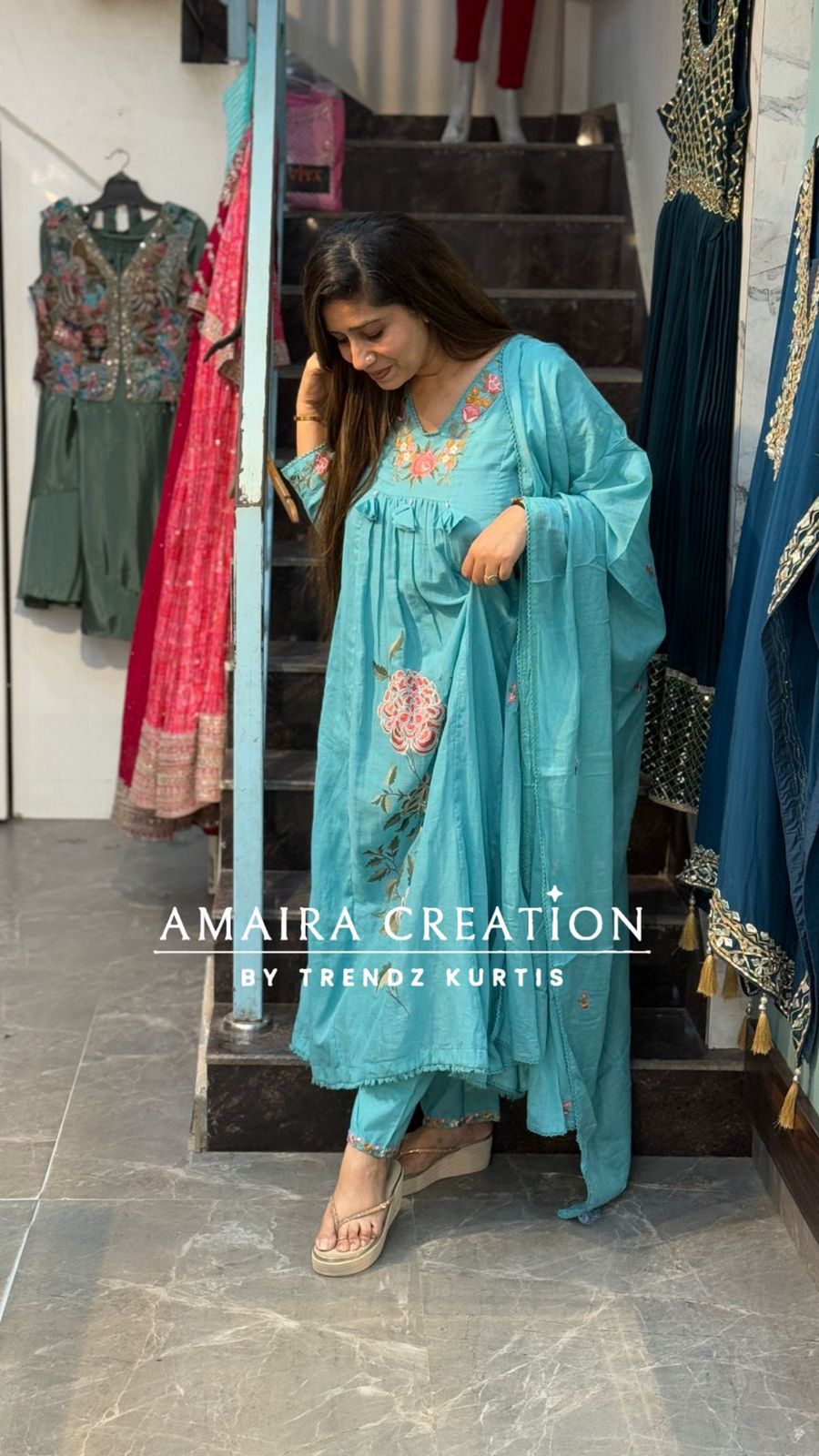 Skyblue Thread Embroidery Beautiful Anarkali Set