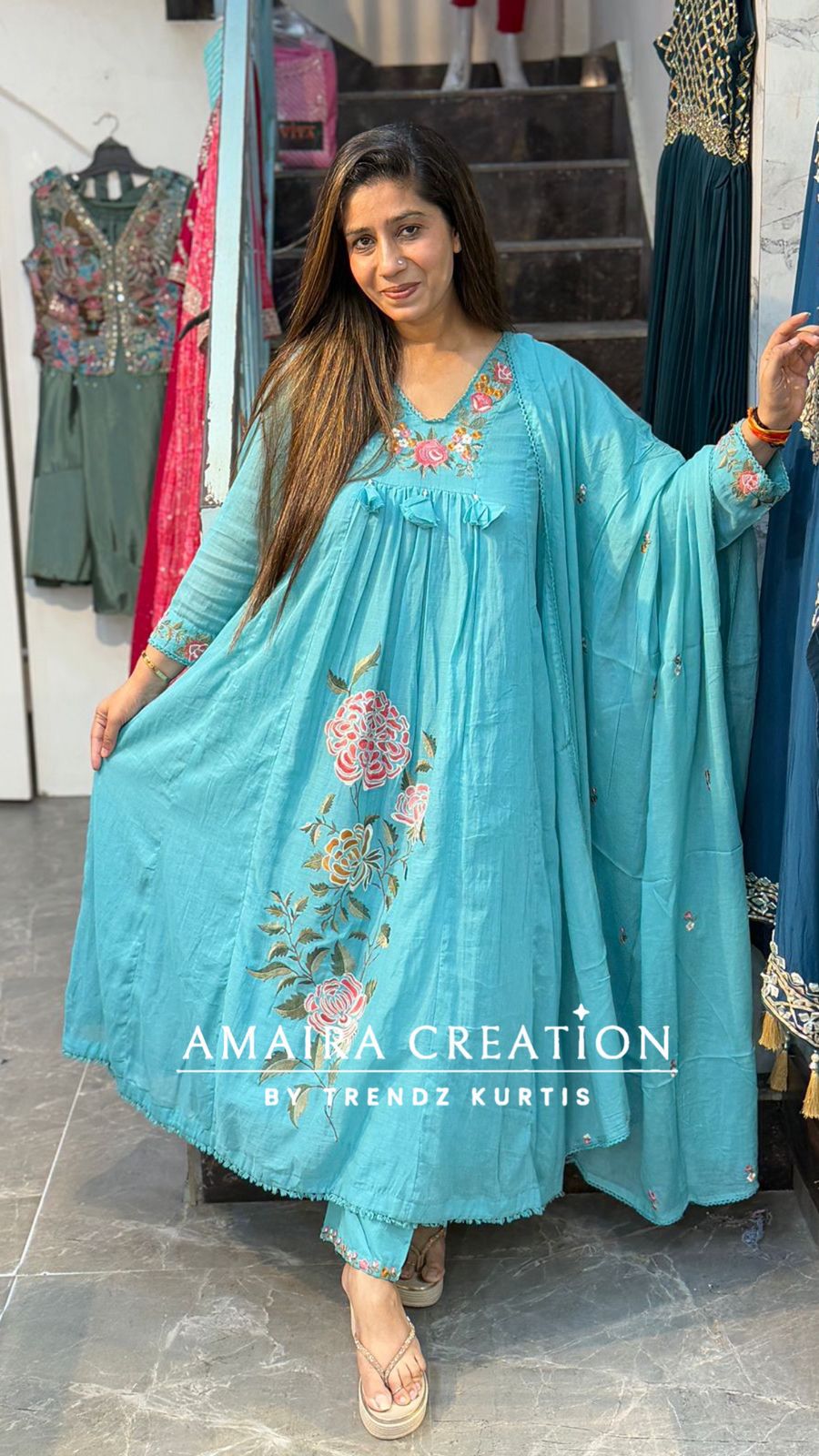 Skyblue Thread Embroidery Beautiful Anarkali Set