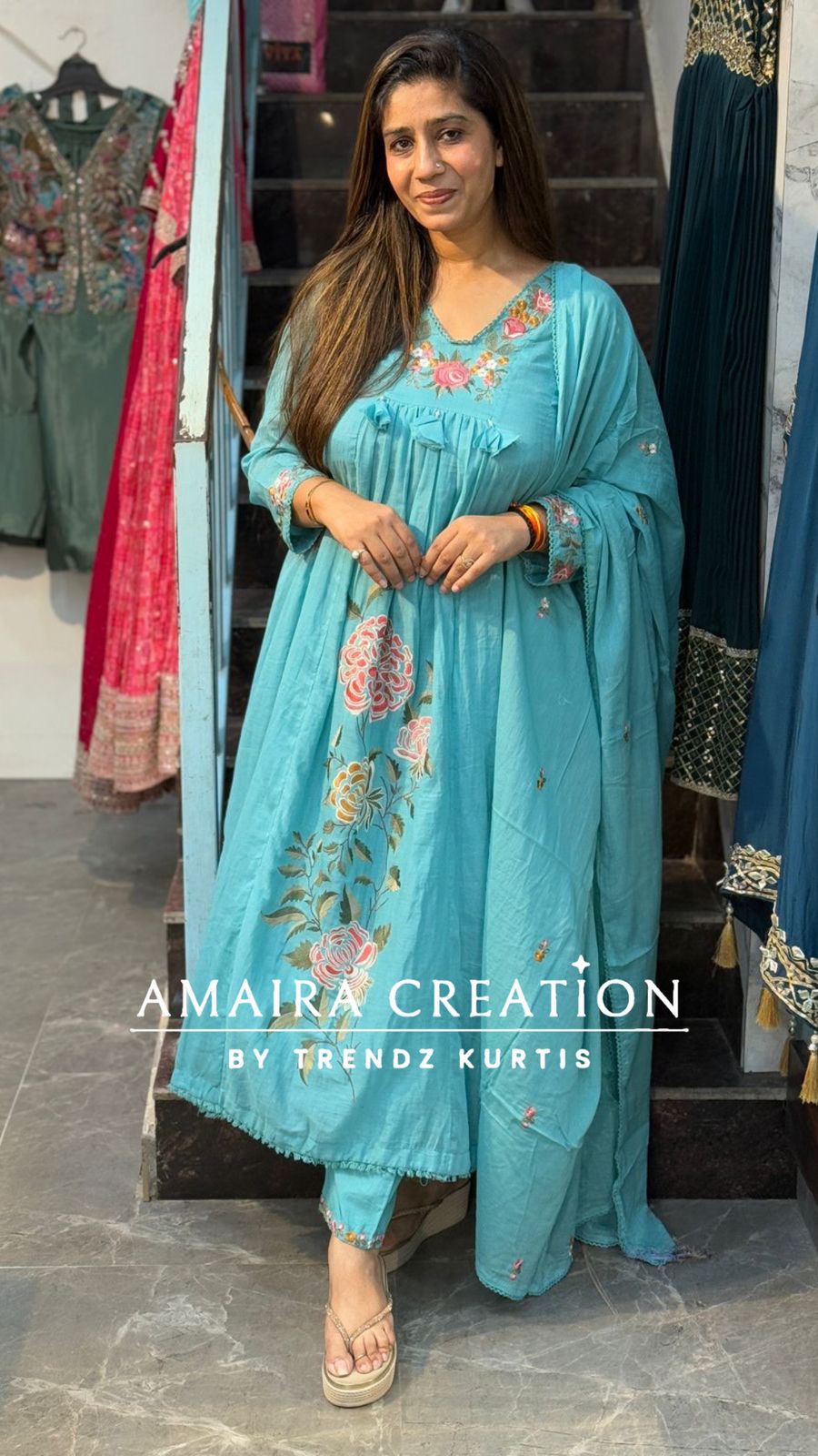 Skyblue Thread Embroidery Beautiful Anarkali Set