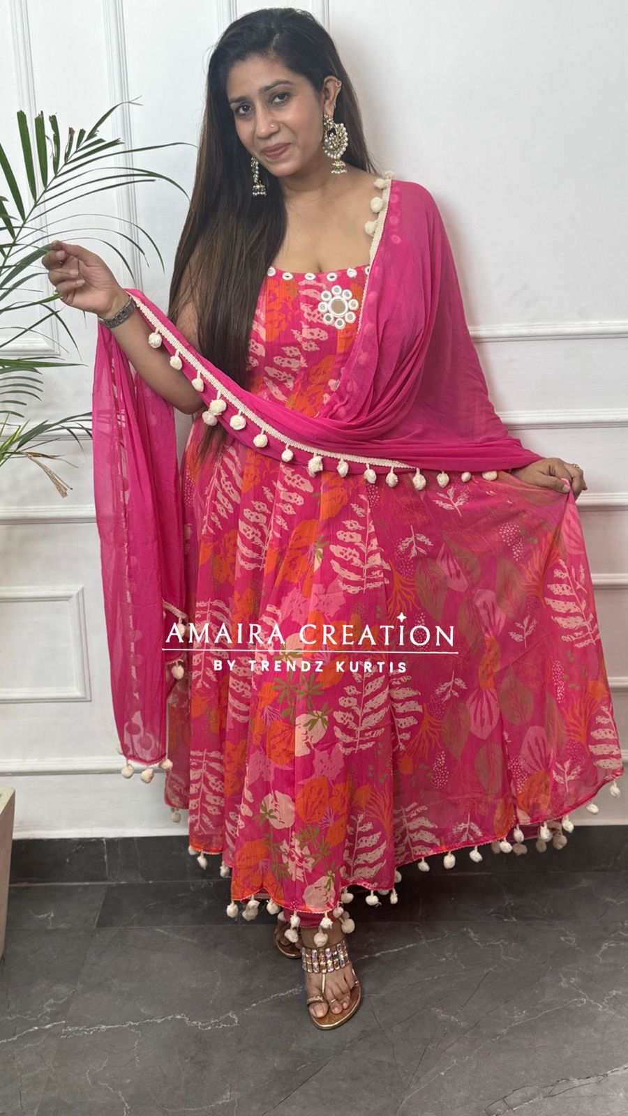 Pink Floral Print Chiffon Anarkali (9inches sleeves available)