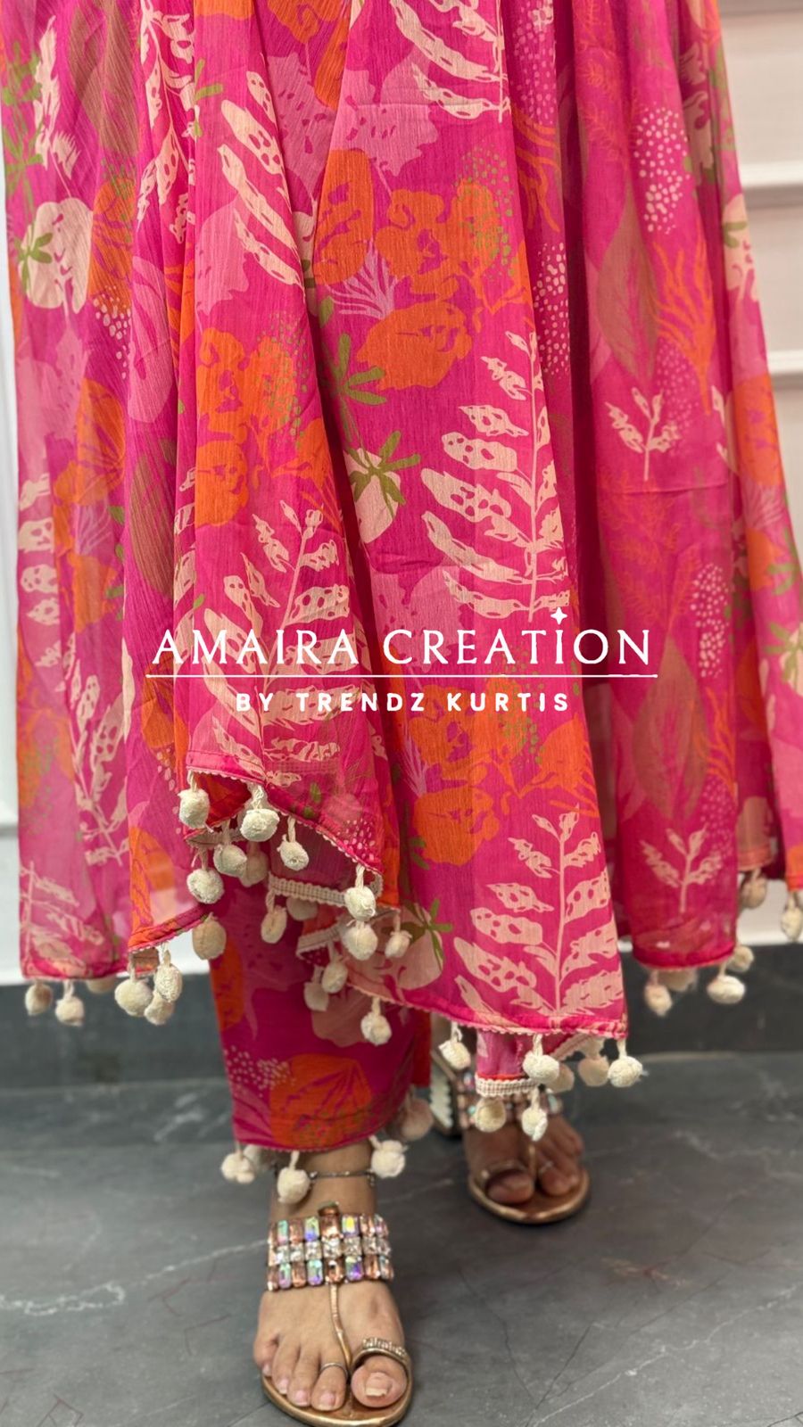 Pink Floral Print Chiffon Anarkali (9inches sleeves available)