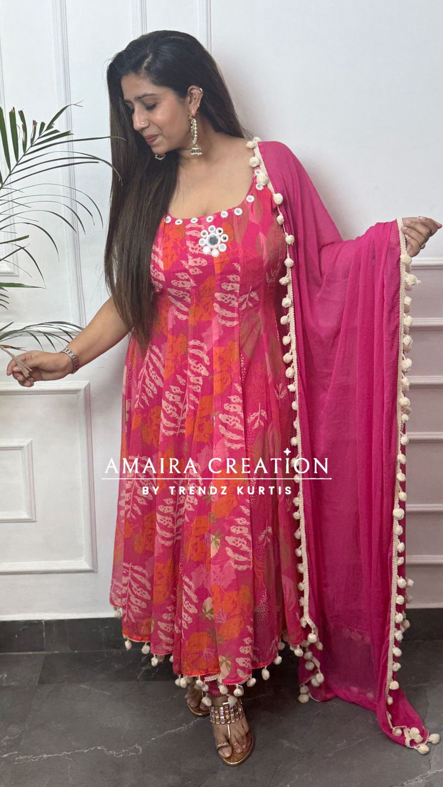 Pink Floral Print Chiffon Anarkali (9inches sleeves available)