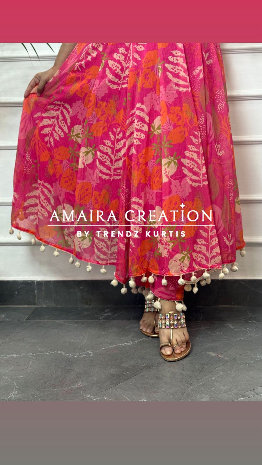 Pink Floral Print Chiffon Anarkali (9inches sleeves available)