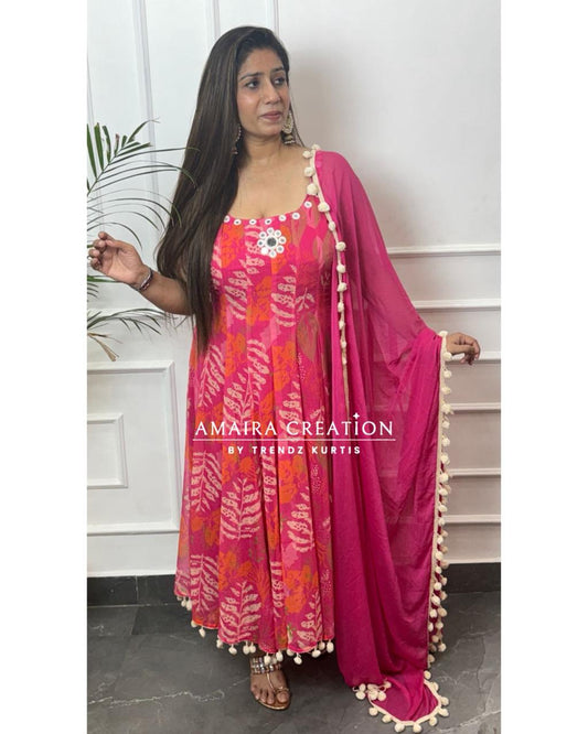 Pink Floral Print Chiffon Anarkali (9inches sleeves available)