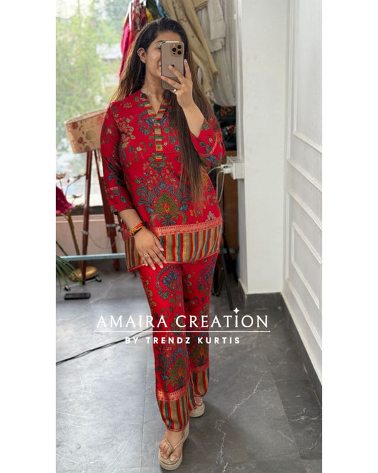 Vibrant Red Colour Premium Reyon Foil Print Detailing Cord Set
