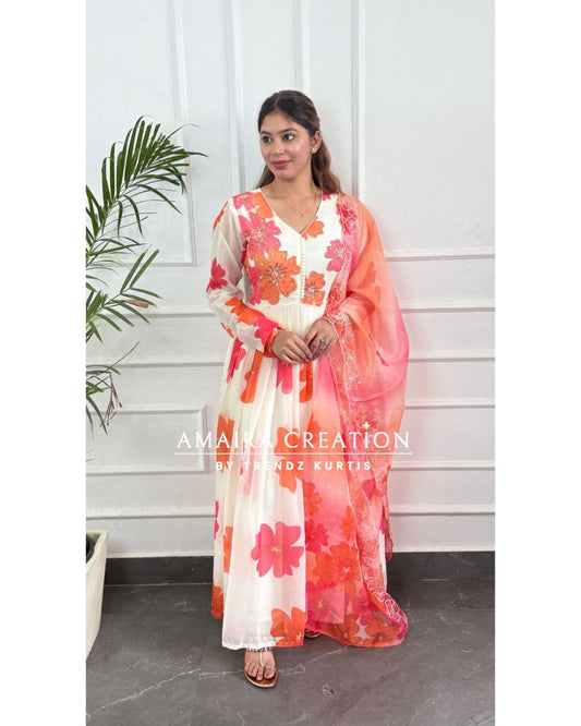 Premium  Chiffon  Cream Orange Anarkali Set