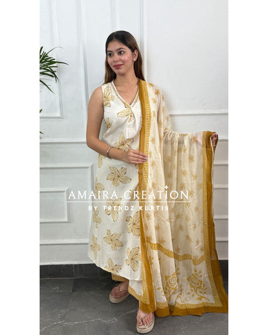 Premium Khadi Cotton Cream Mustard A line Set (4inches sleeves available)