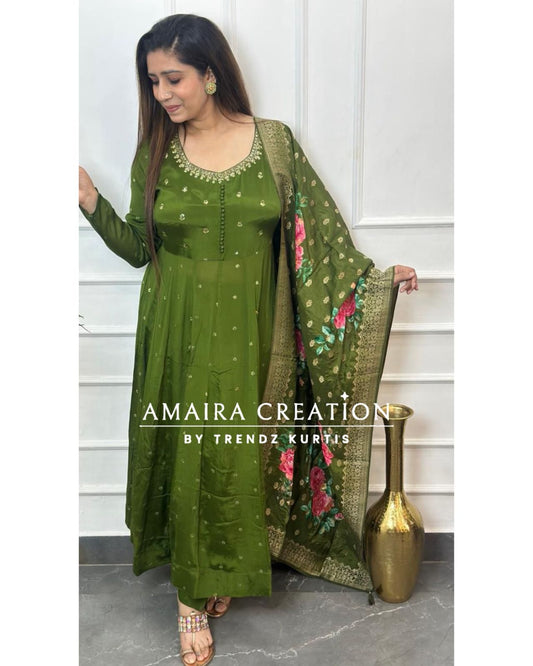 Dark Mehendi Green Premium Chinnon Anarkali Set