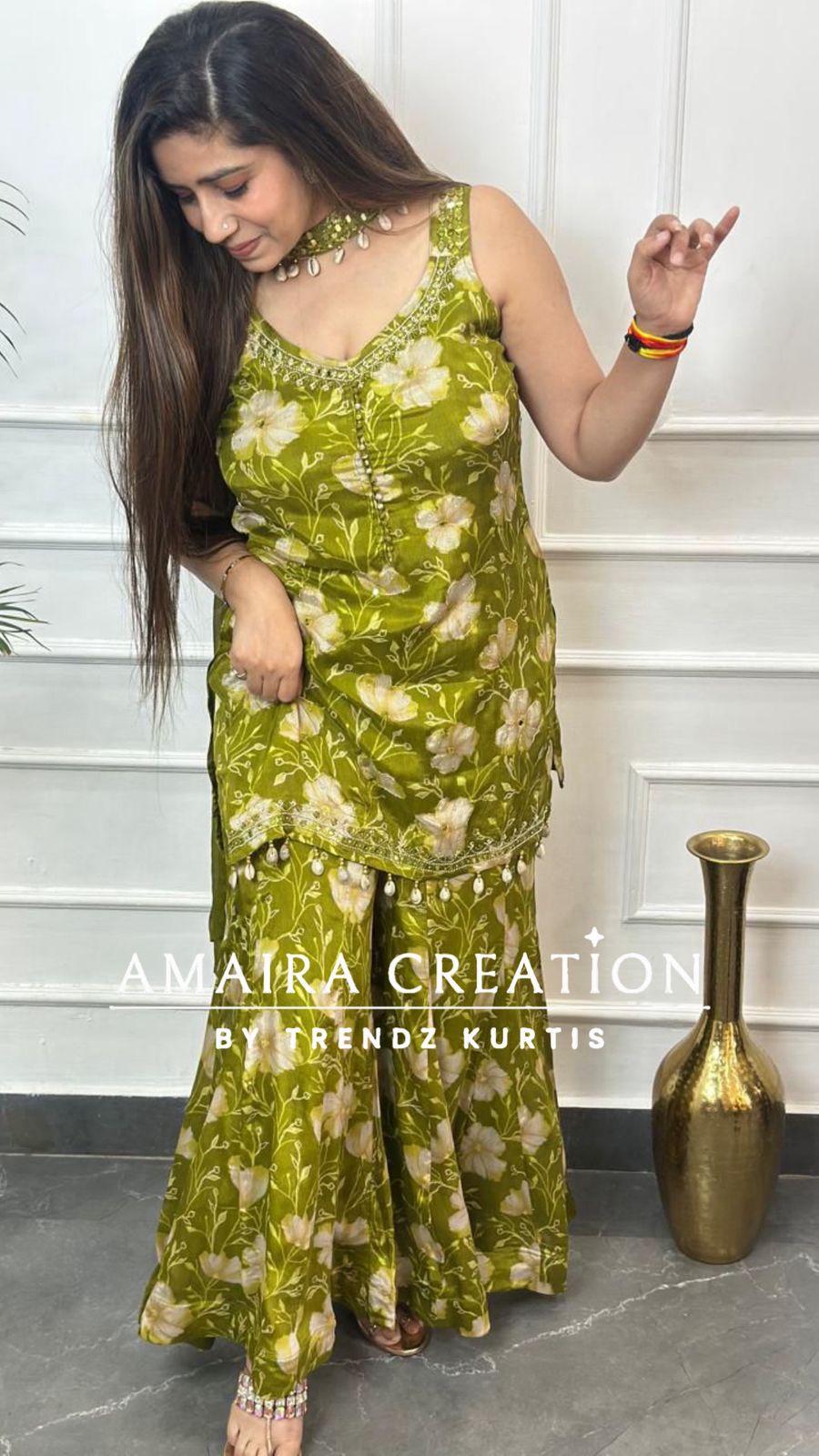 Mehendi Green Premium Chinnon Fully Ghera Plazo Set(16 inches Sleeves available)