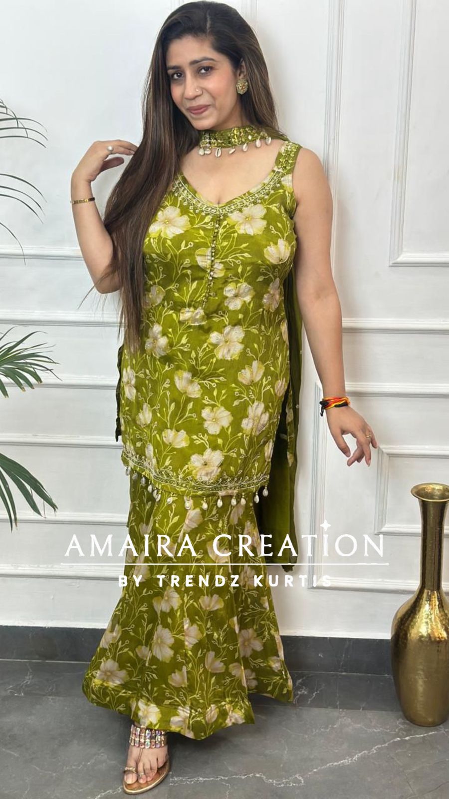 Mehendi Green Premium Chinnon Fully Ghera Plazo Set(16 inches Sleeves available)