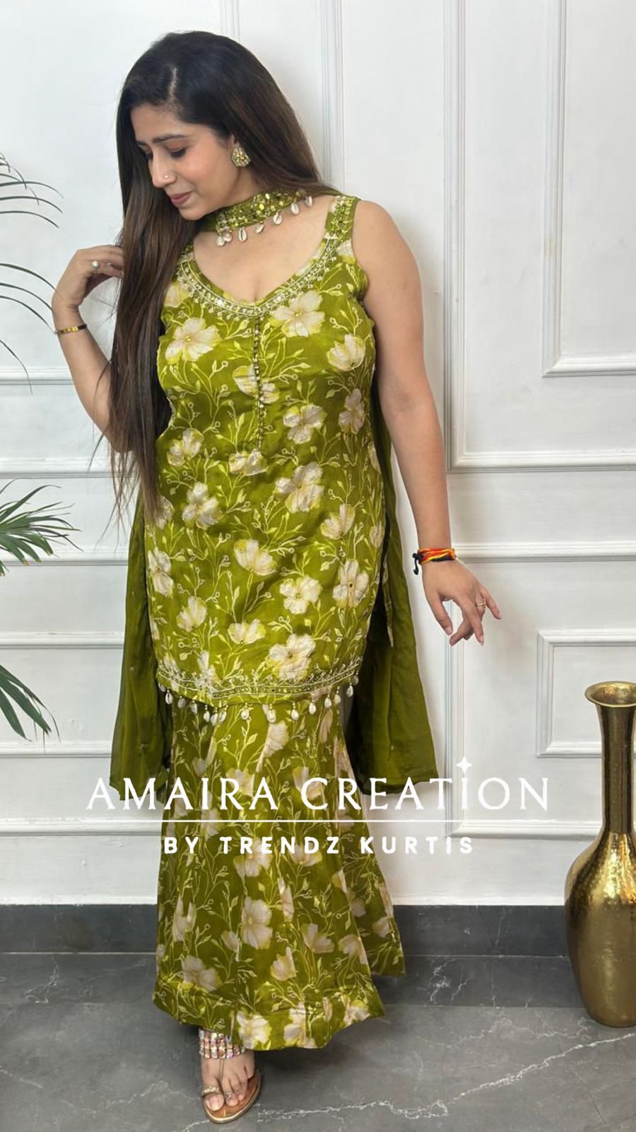Mehendi Green Premium Chinnon Fully Ghera Plazo Set(16 inches Sleeves available)