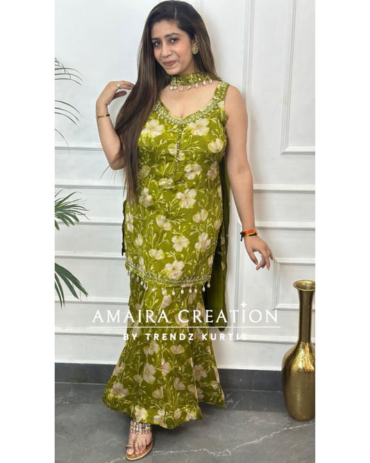 Mehendi Green Premium Chinnon Fully Ghera Plazo Set(16 inches Sleeves available)