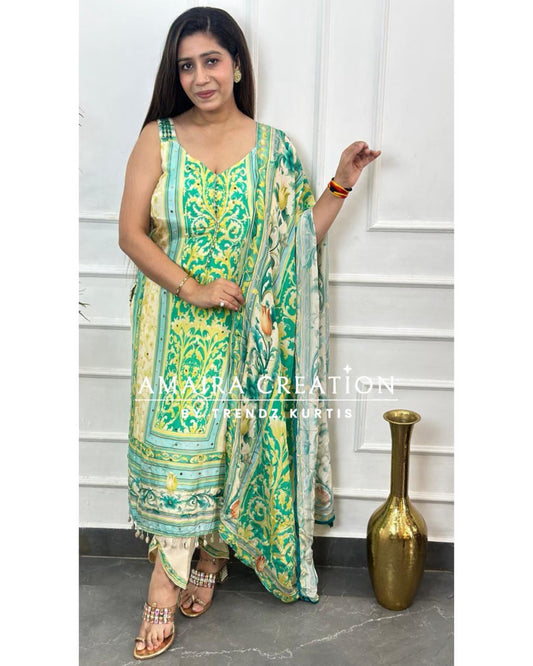 Strap Sea Green Premium Muslin With Designer Pant( 16inches sleeves available)