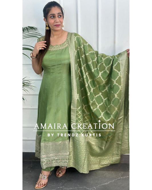 Premium Glass Tissue Green Anarkali Set
