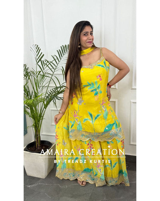 Premium Silk Lemon Full Ghera Plazo Set