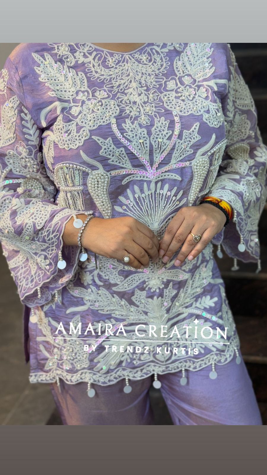 Premium glass tissue lavender cord set with pearl and thread detailing