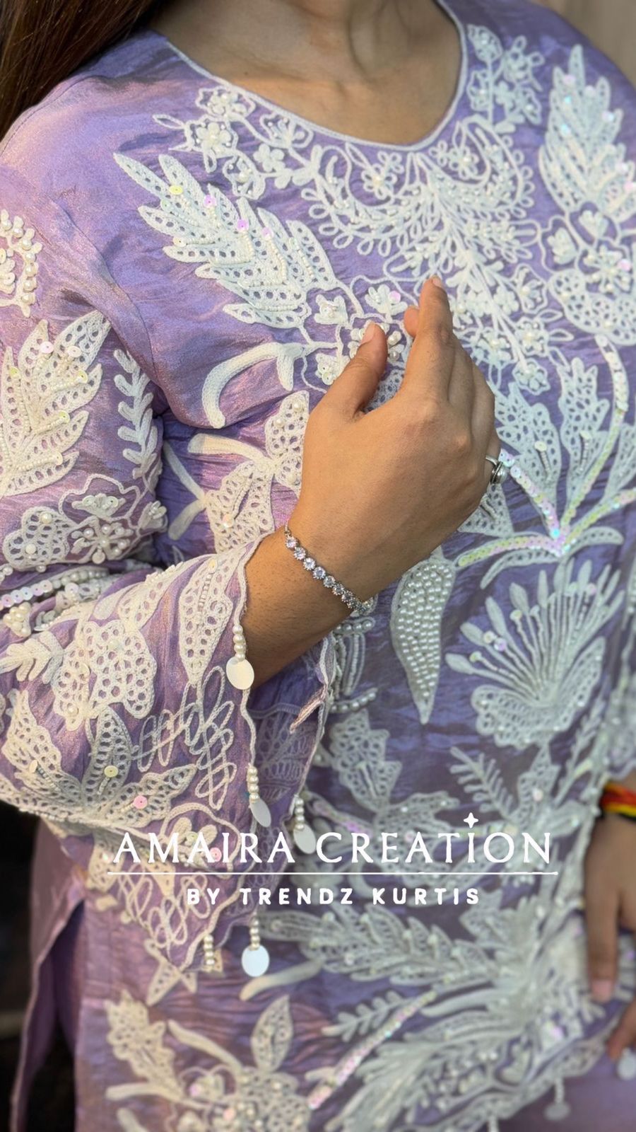 Premium glass tissue lavender cord set with pearl and thread detailing