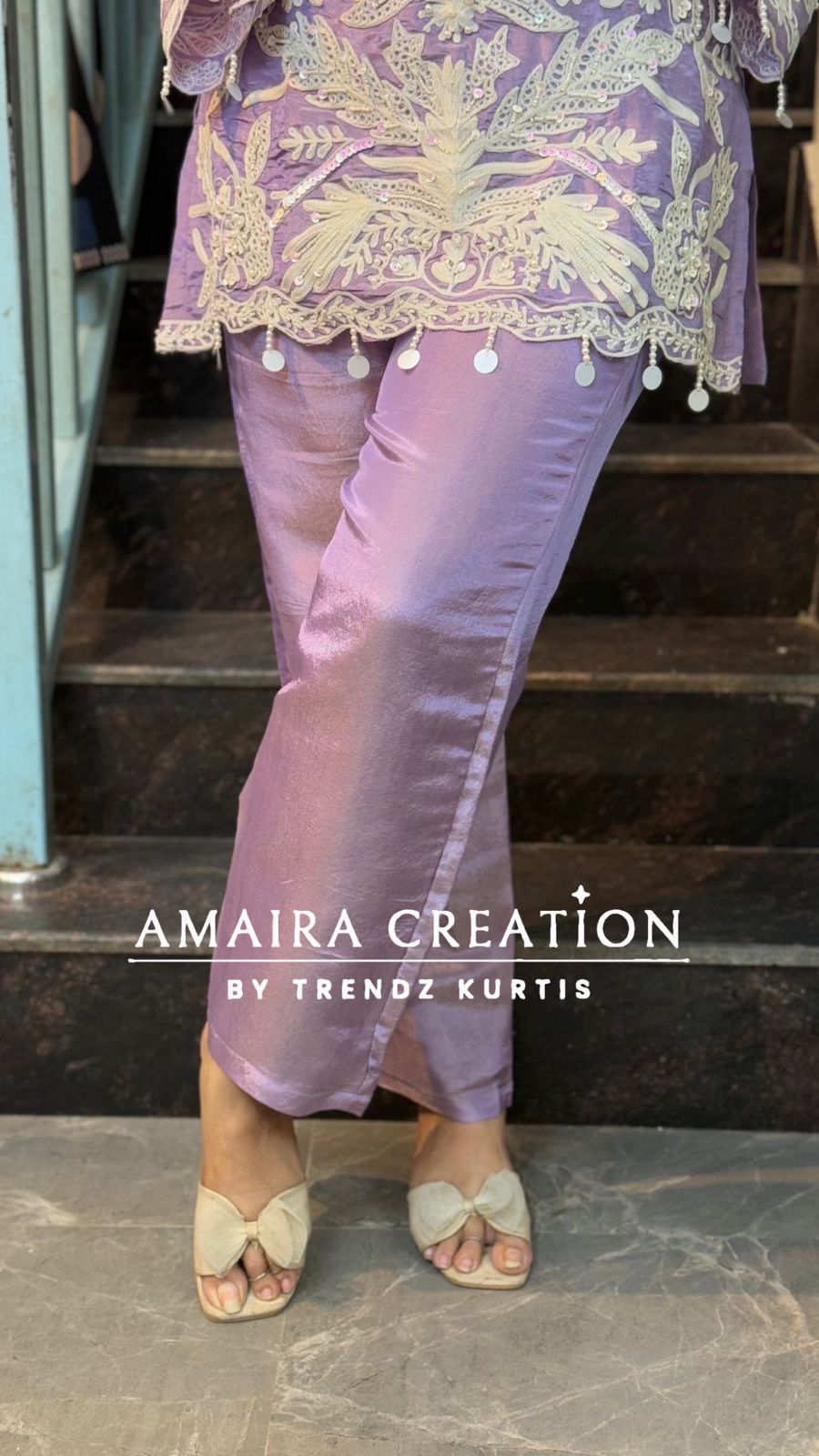 Premium glass tissue lavender cord set with pearl and thread detailing
