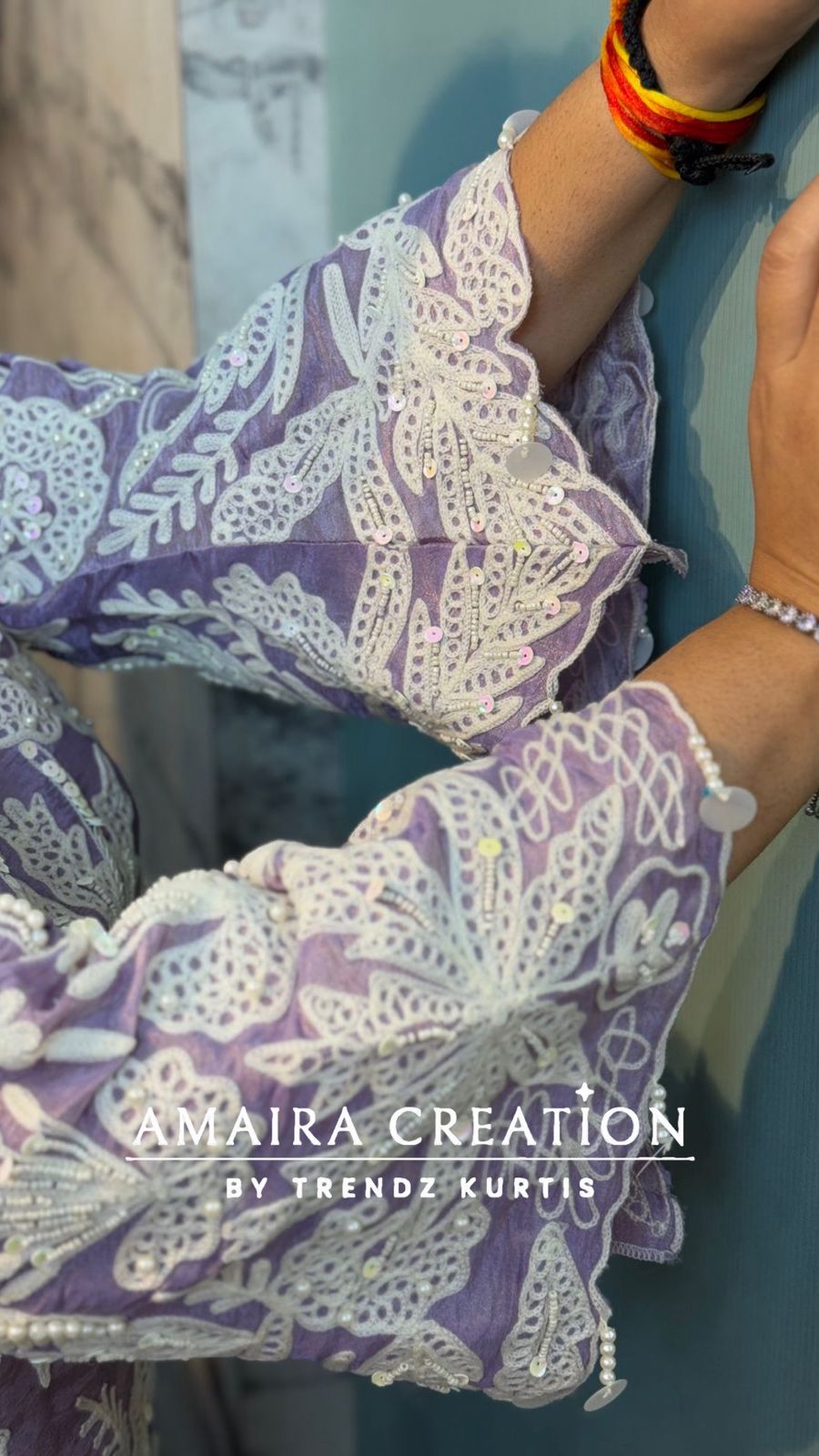 Premium glass tissue lavender cord set with pearl and thread detailing