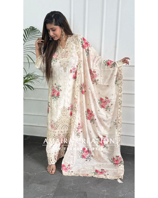 Premium Silk Cream Pakistani Suit