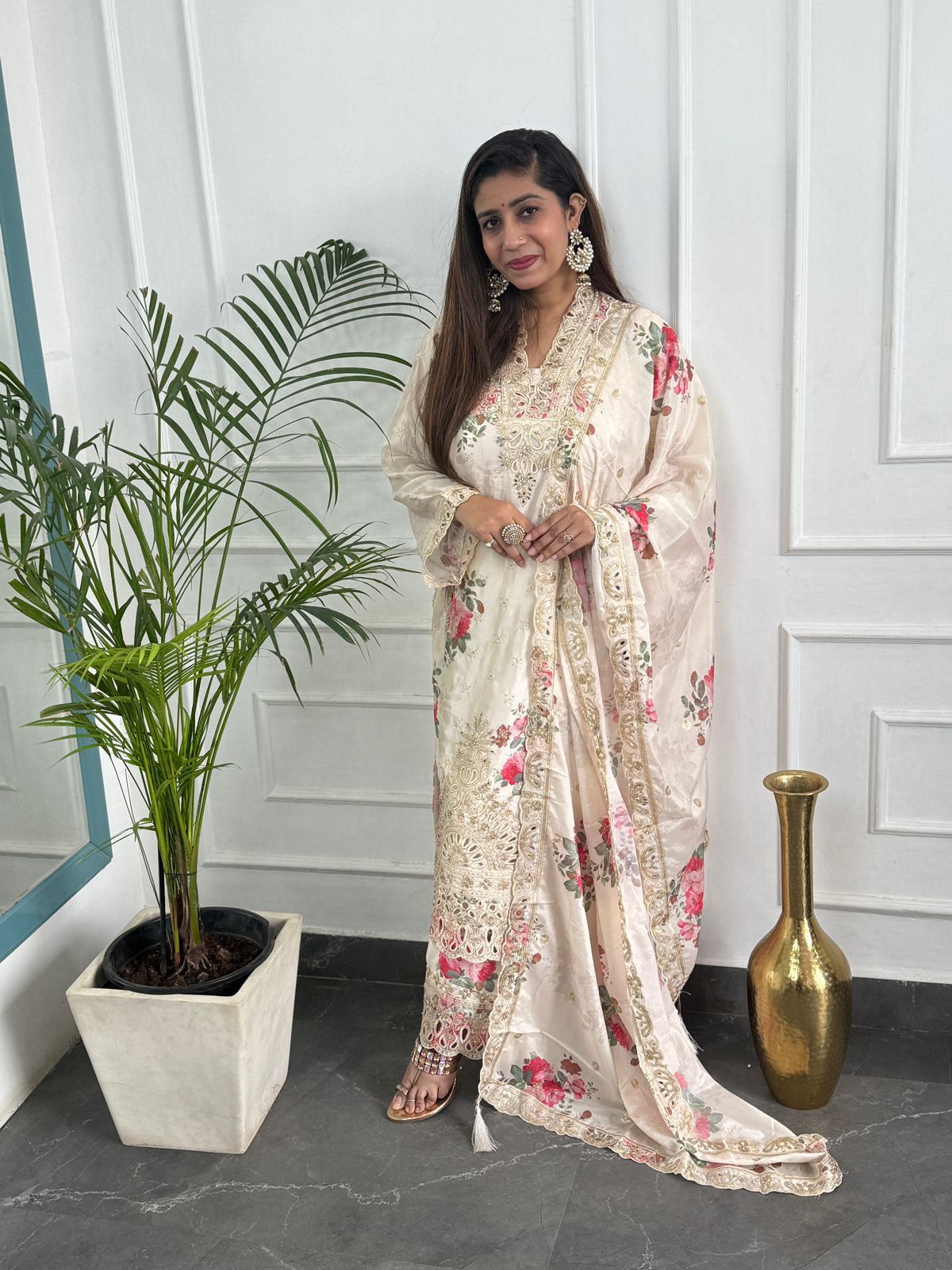 Premium Silk Cream Pakistani Suit