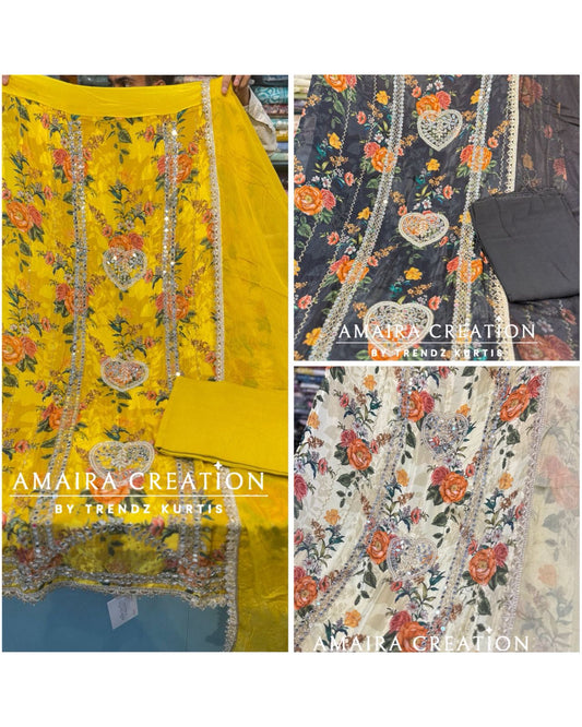 Premium Printed Glass Tissue Fabric Unstitch Suit