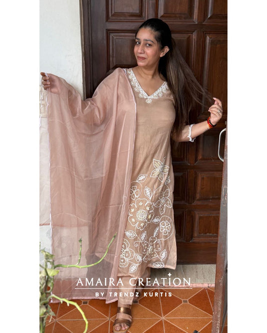 Premium Mull Chanderi Beige A Line Pearl & Threadwork Set