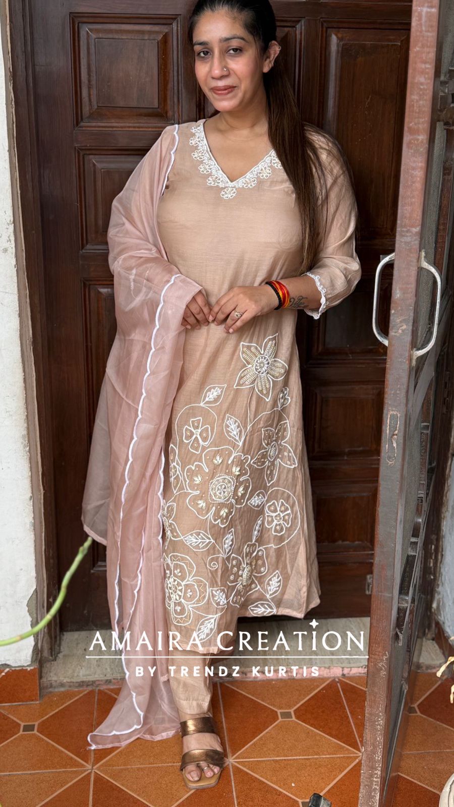 Premium Mull Chanderi Beige A Line Pearl & Threadwork Set