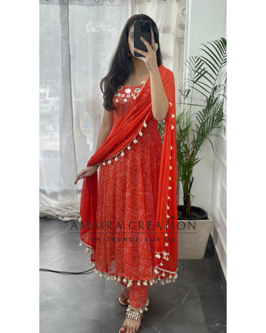 Premium Chiffon Orange Anarkali (9inches sleeves available )