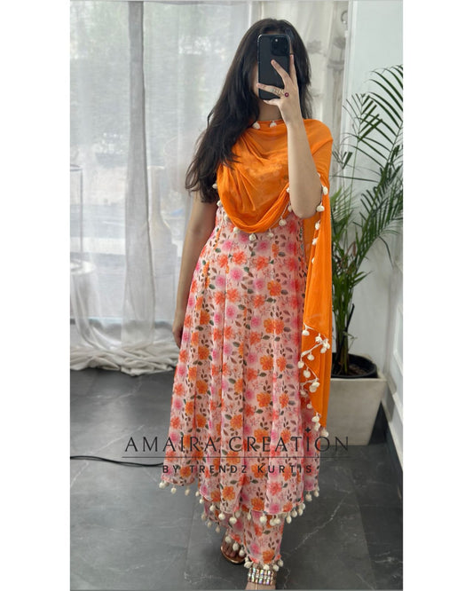 Premium Chiffon Peach Anarkali (9inches sleeves available )
