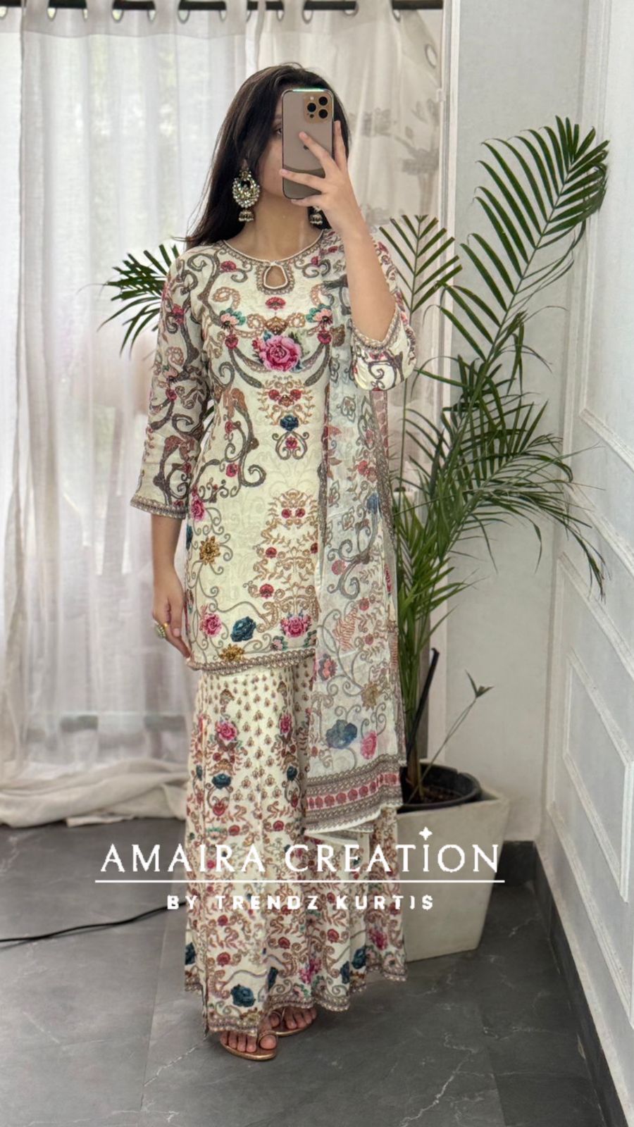 Premium Crepe Cream Floral Sharara Set