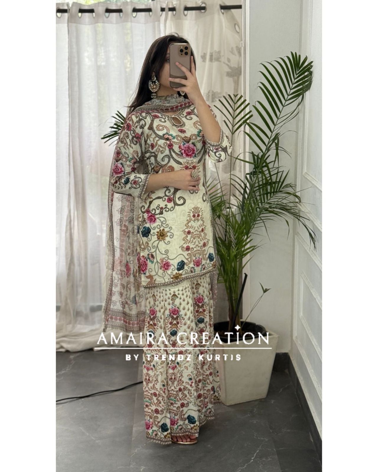 Premium Crepe Cream Floral Sharara Set