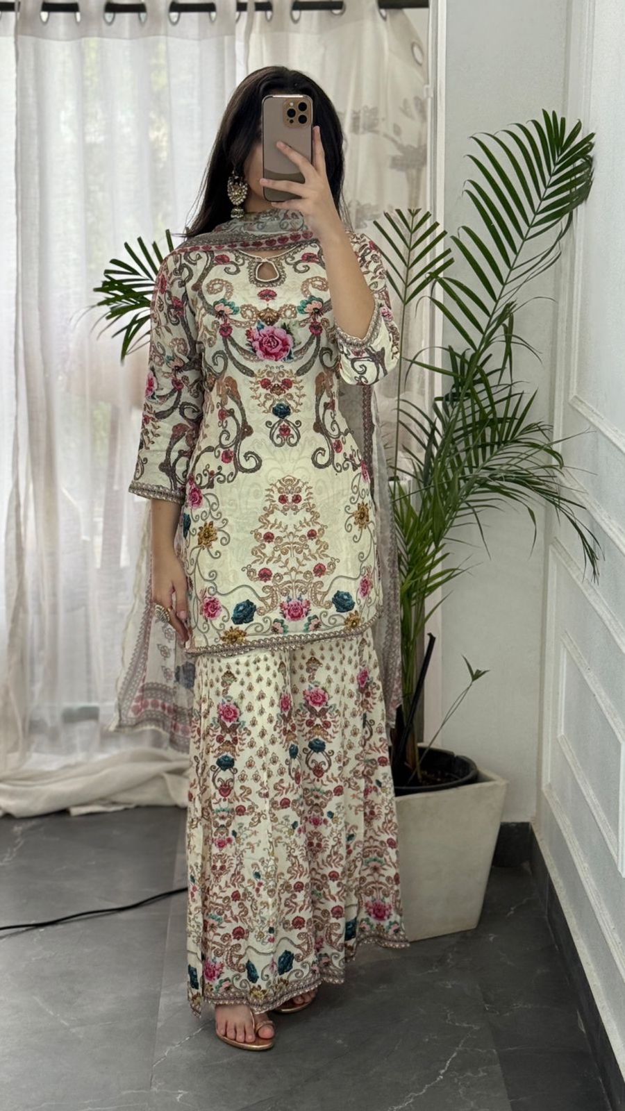 Premium Crepe Cream Floral Sharara Set