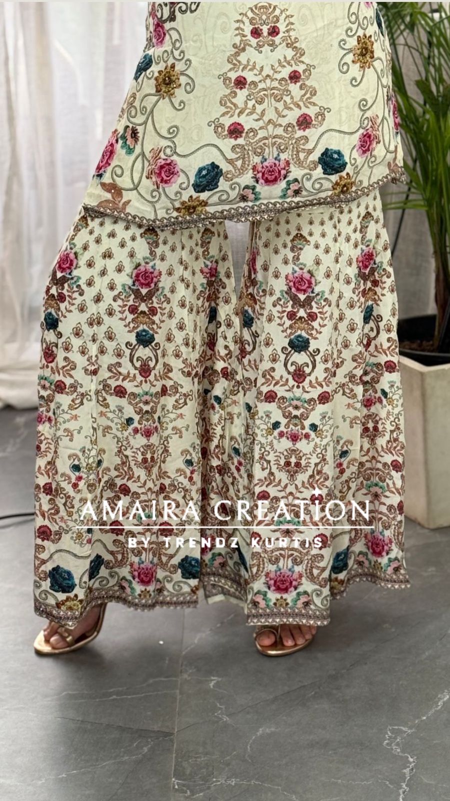 Premium Crepe Cream Floral Sharara Set