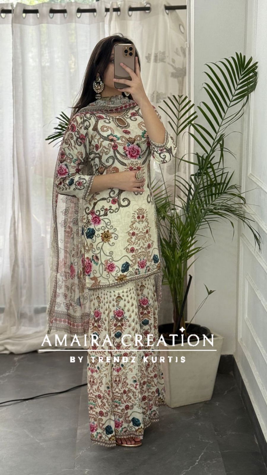 Premium Crepe Cream Floral Sharara Set