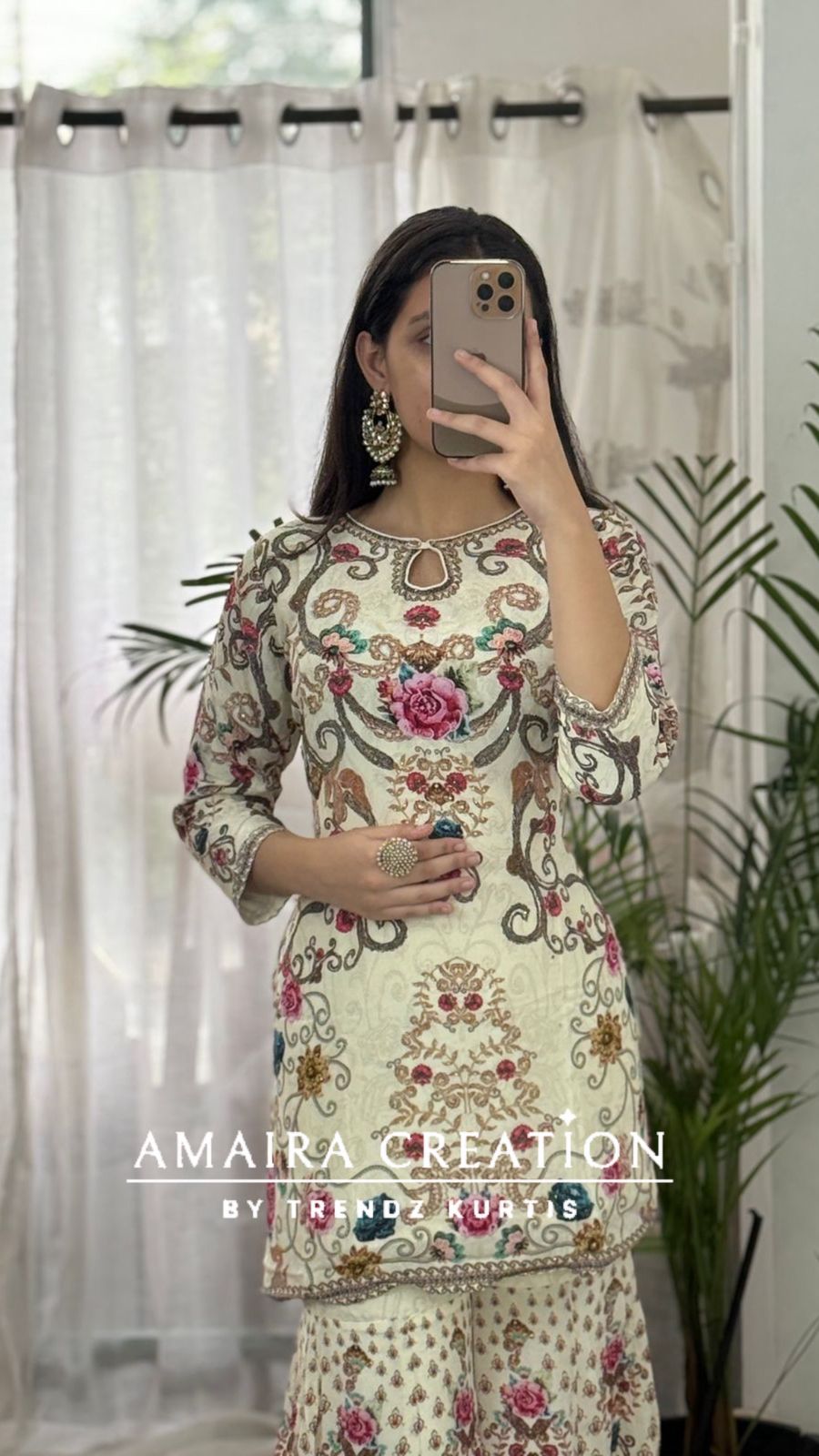 Premium Crepe Cream Floral Sharara Set