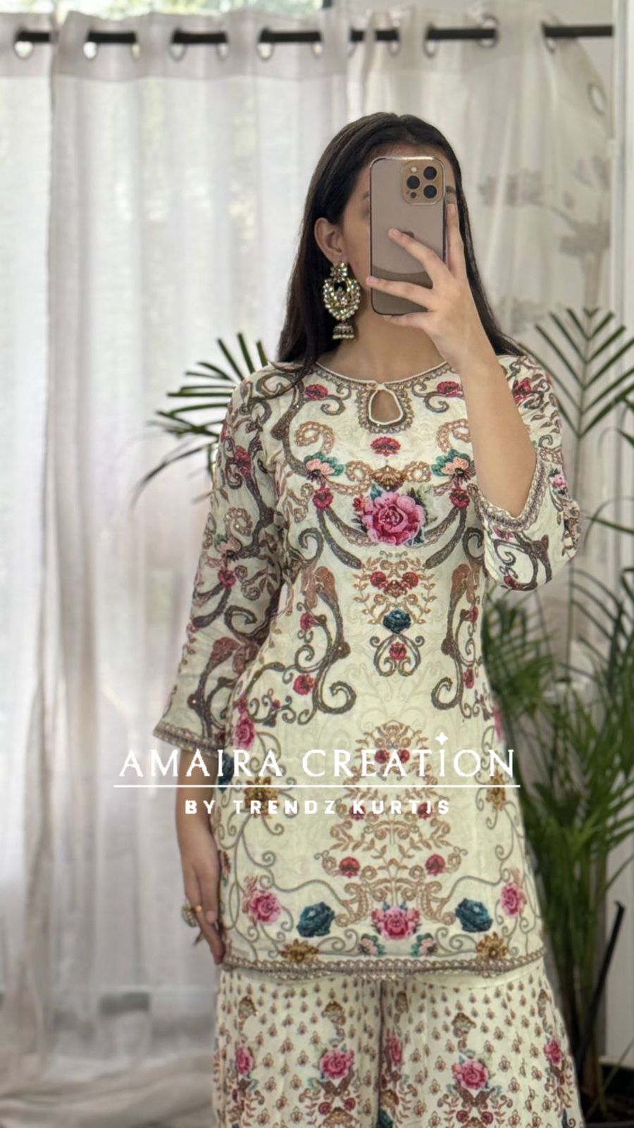 Premium Crepe Cream Floral Sharara Set