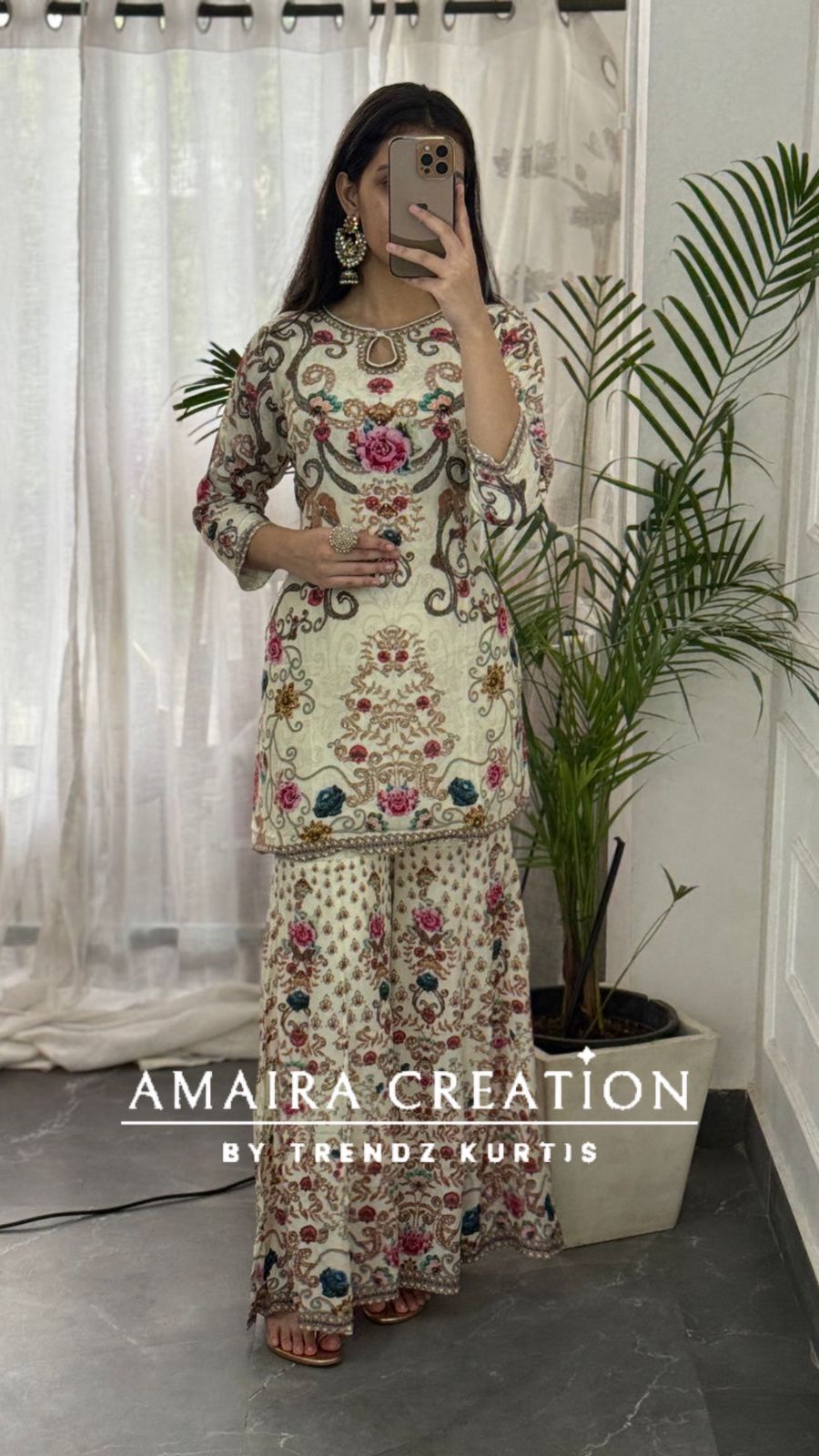 Premium Crepe Cream Floral Sharara Set