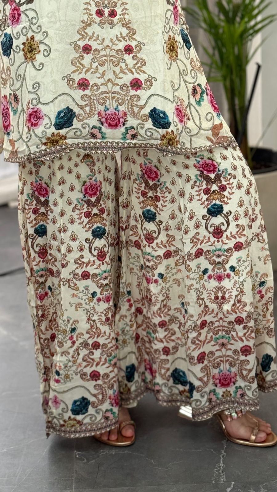 Premium Crepe Cream Floral Sharara Set