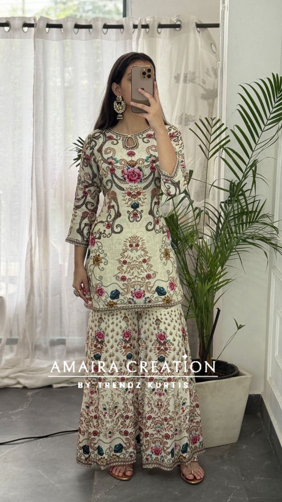 Premium Crepe Cream Floral Sharara Set