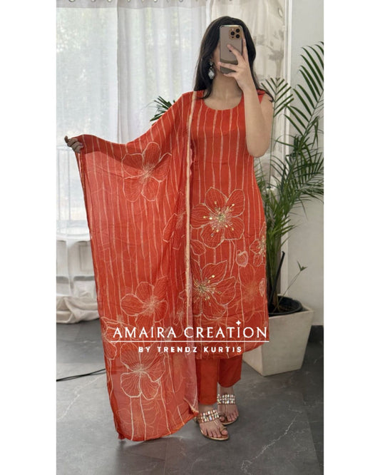 Premium Chinnon Orange Pant Set(16 inches sleeves available)