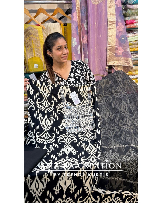 Premium Reyon Fabric Ikkat Print Unstitched Suit With Kota Doria Dupatta